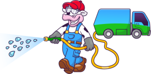 Organic-Based Lawn Care mascot holding hose with lawn care truck in background